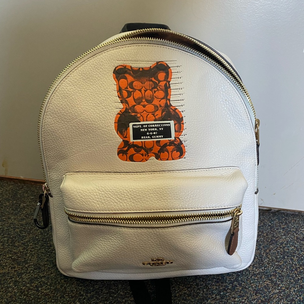 Coach White Leather Backpack with Orange Bear Print